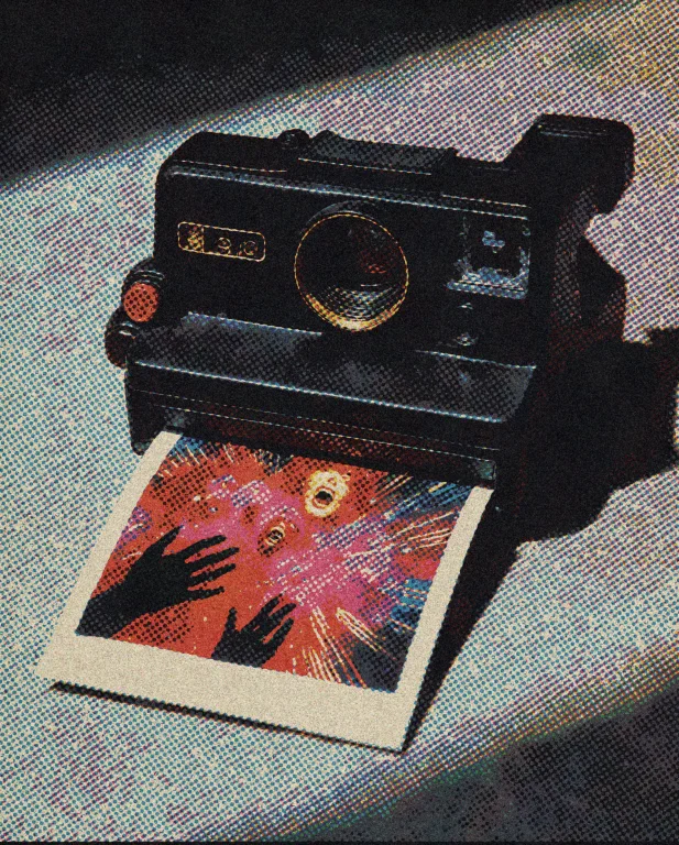 Imperfecta A Black Polaroid Camera With A Gold Lens And Red...