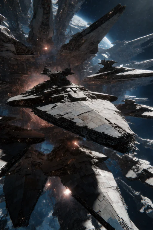 A Dramatic Wide Shot Of A Massive Orbital Shipyard, Dozens O...