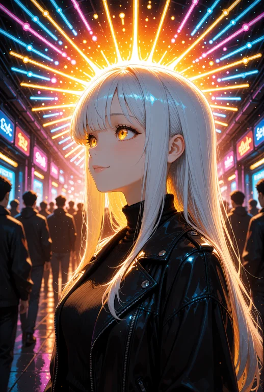 A Young Woman With Long, Straight Silver Hair, Blunt Bangs,...