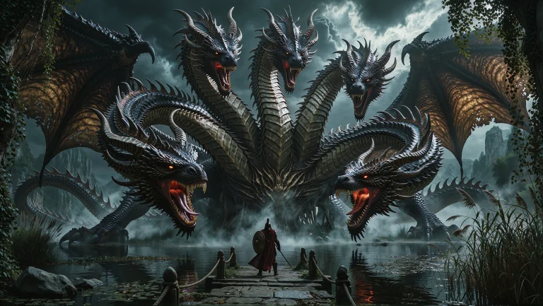 A Cinematic Fantasy Scene Of A Colossal, Multi-headed Hydra...