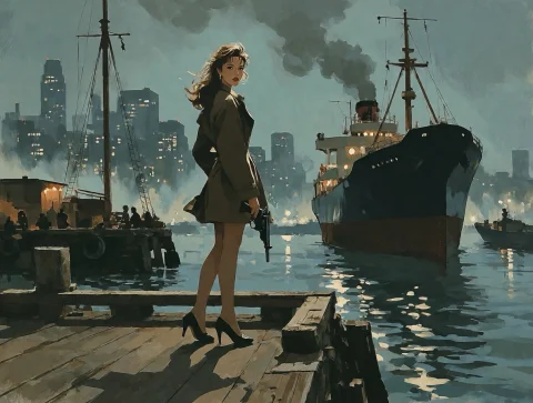 Bradhamel Art Style, A Moody Noir Paperback Cover Illustrati... — Stable Diffusion AI Prompt: Bradhamel art style, A moody noir paperback cover illustration set on a fog-chok...