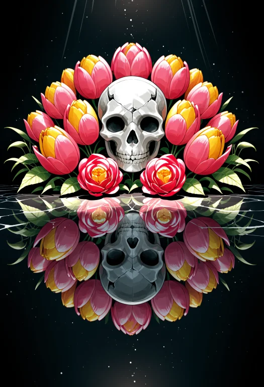 Jaynl-tm,made Of Tulips,skull,on Dark Reflective Surface,det...