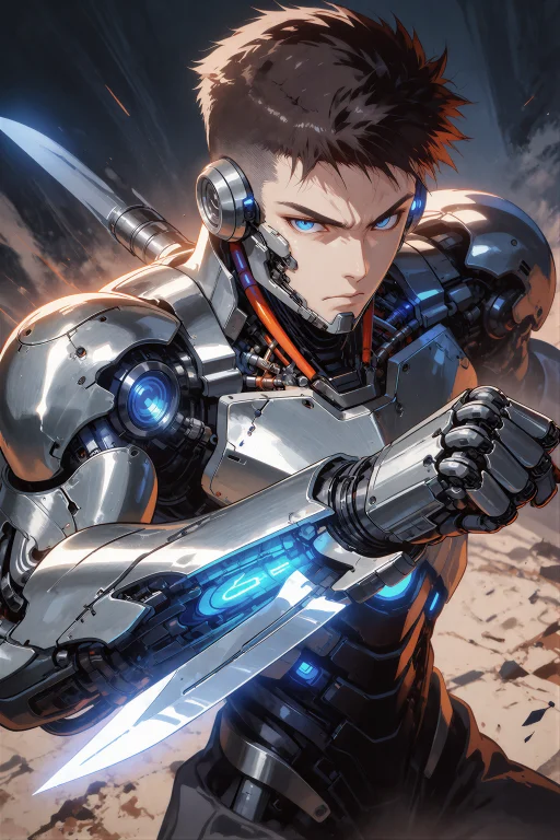 An Anime Style Illustration Of A Male Combat Android With Br...