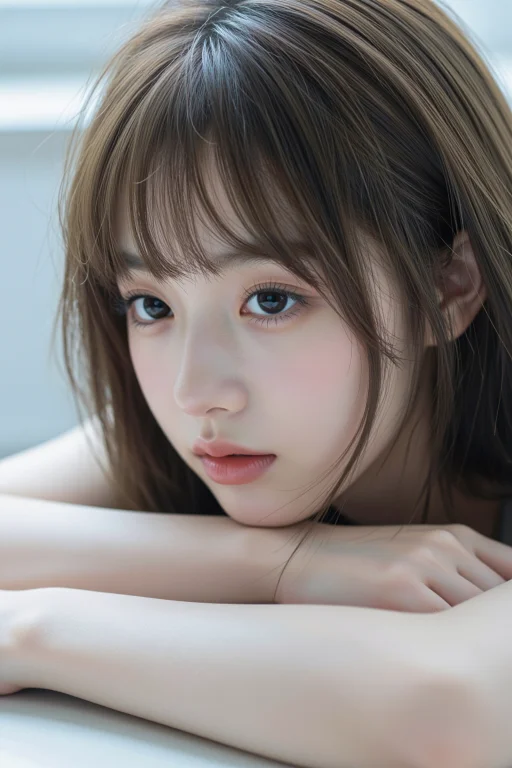 1位年轻东亚少女，浅棕黑色柔顺长直发，轻薄空气齐刘海，发丝自...