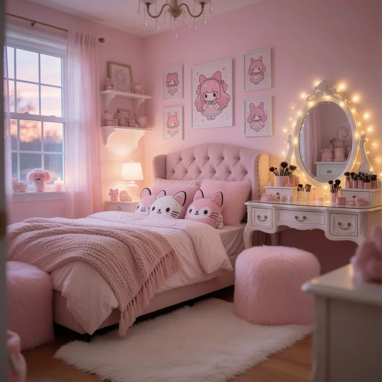 A Dreamy, Pastel Pink Bedroom Bathed In Dusks Soft Glow, Sty...