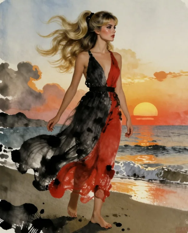 Luxdream, Rockstyle, Japanese Ink Wash Painting With The Dyn...