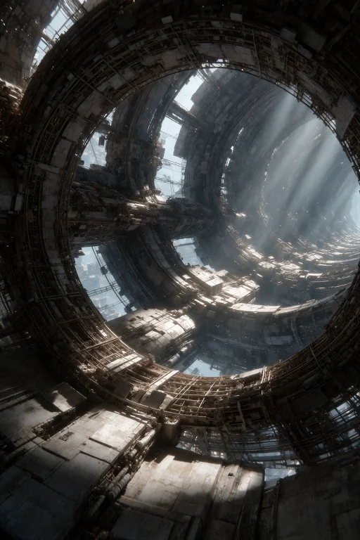A Cinematic Wide-angle Shot Of The Interior Of A Massive Rot...