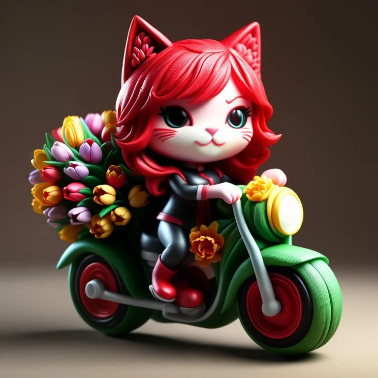 A 3d Chibi Anime Red Hair Cat Girl Riding Tulips Motorbike J...