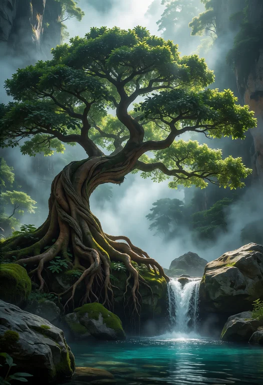 A Majestic, Ancient Tree With Thick, Gnarled Brown Bark And...