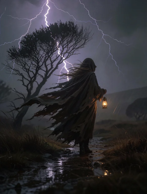A Lone Cloaked Figure Holding A Small Flickering Lantern On...