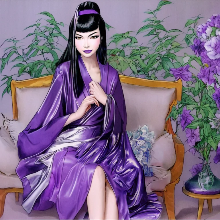 A Waifu Girl Sitting On Soft Pillows Wearing A Purple Robe I...