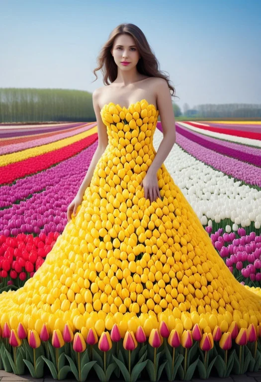 A Nice Beautiful Girl In The Long Dress Made Of Tulips, Mast...