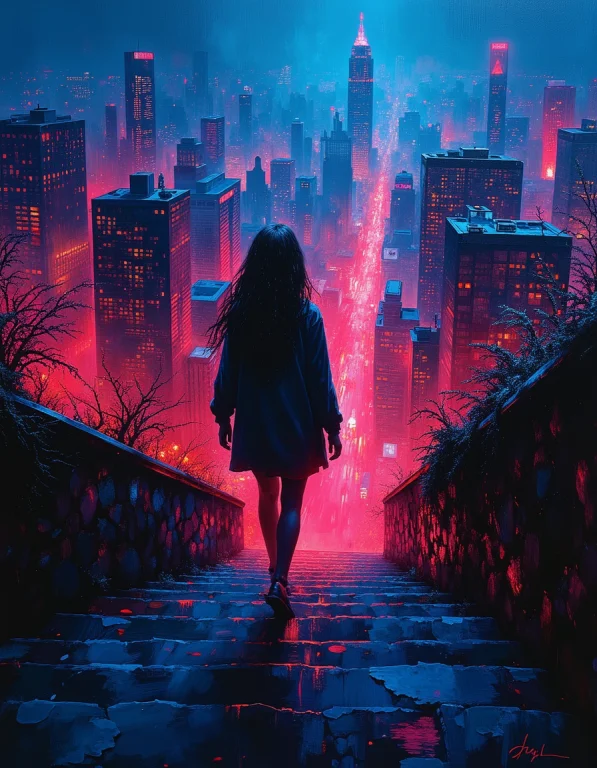 Detailed Oil Painting, A Young Teen Girl Walking Down Steep...
