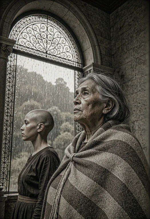 Black And White Cinematic Film Still Of Two Women, Right For...