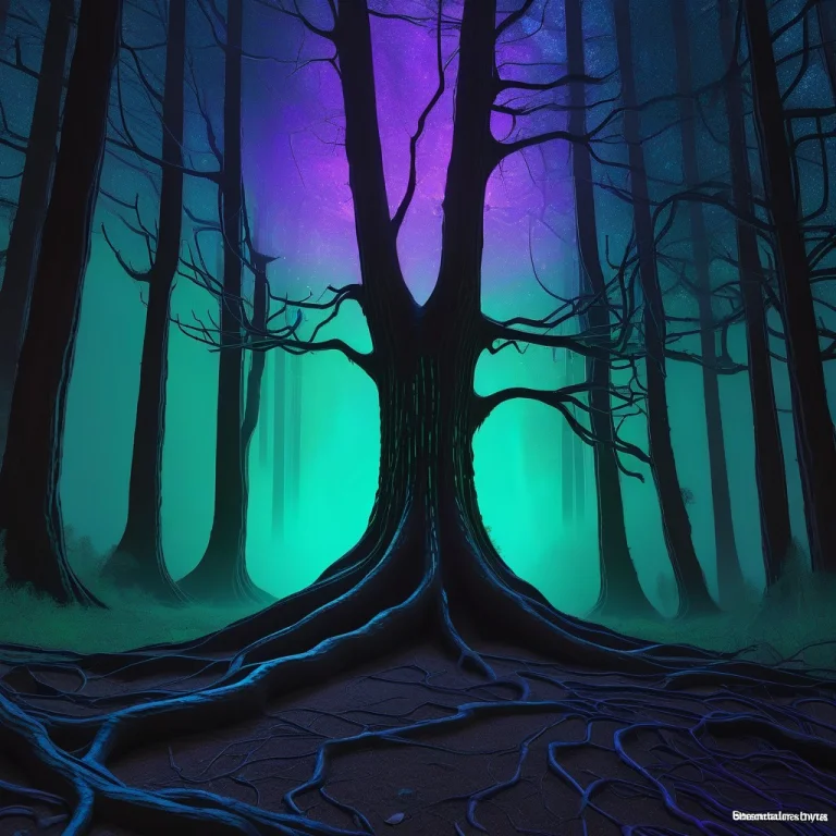 An Ancient Grove Of Redwood-like Trees On A Damp Night. The...