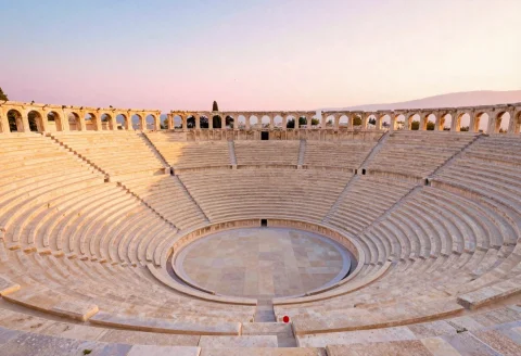 An Ancient Greek Amphitheater At Golden Hour, Matte Painting... — Stable Diffusion AI Prompt: an ancient Greek amphitheater at golden hour, matte painting, iridescent light,...