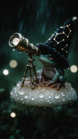 A Tiny Emerald Frog Sitting On A Wet Mushroom During A Rainy... — Stable Diffusion AI Prompt: a tiny emerald frog sitting on a wet mushroom during a rainy night, operating an...