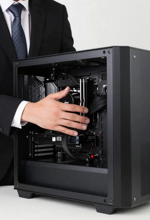 A Guy In A Suit And Tie Slapping On An Oversized Pc Case Wit...