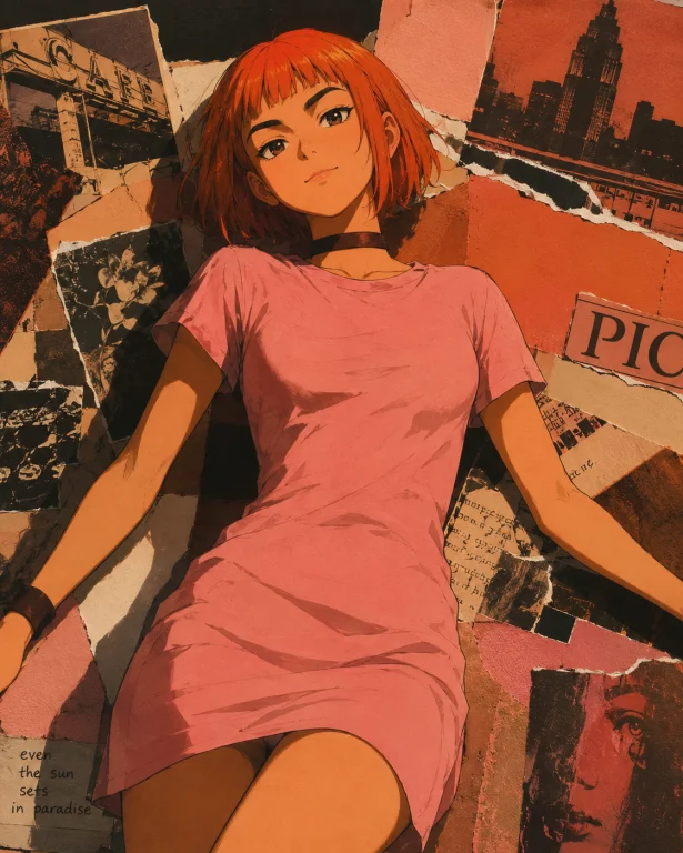 90s Retro Anime Style Portrait Of Woman With Short Auburn Ha...