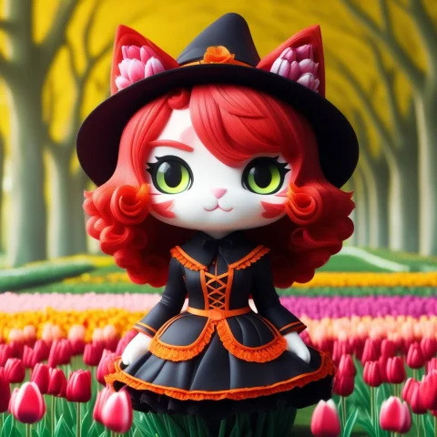 A 3d Chibi Anime Red Hair Cat Girl Wear Tulips Witch Dresses... — SDXL AI Prompt: a 3d chibi anime red hair cat girl wear tulips witch dresses jaynl-tm, made of t...