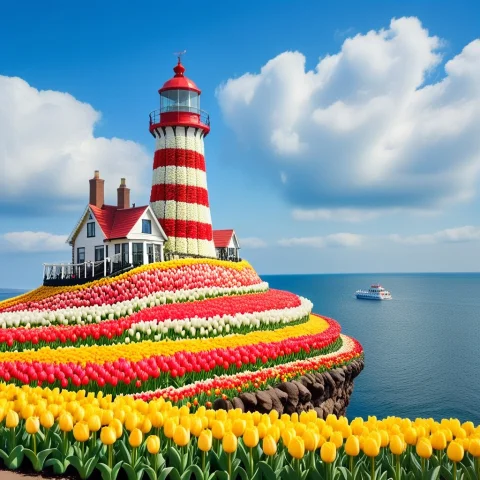 Jaynl-tm, Made Of Tulips, A Classic Red-and-white Striped L... — SDXL AI Prompt: jaynl-tm, made of tulips, " A classic red-and-white striped lighthouse on a rock...