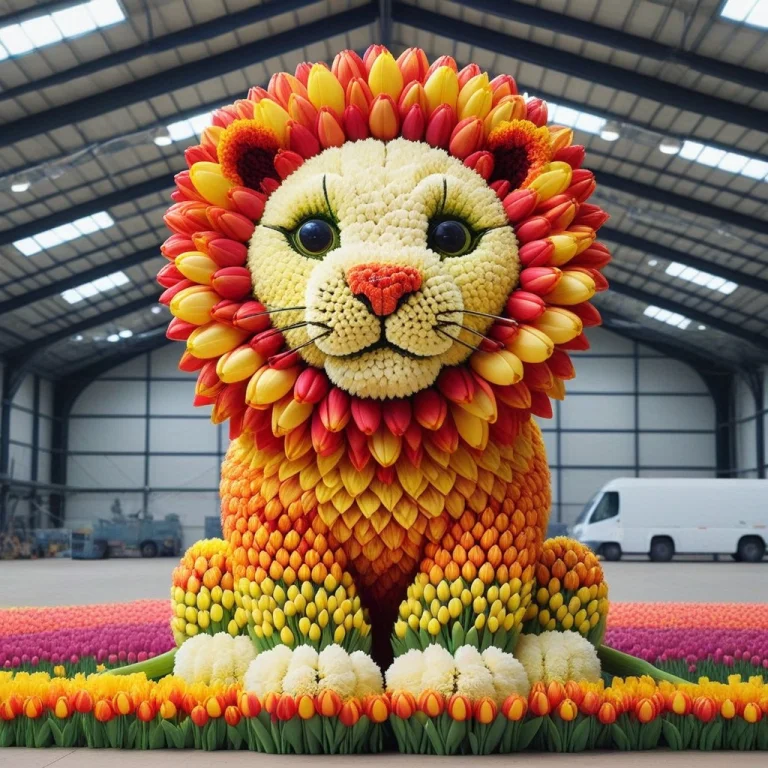 Jaynl-tm, A Cute Lion Made Of Tulips, In A Hangar