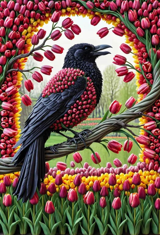 Jaynl-tm, Made Of Tulips, Raven, On Twisted Branch, Detailed...