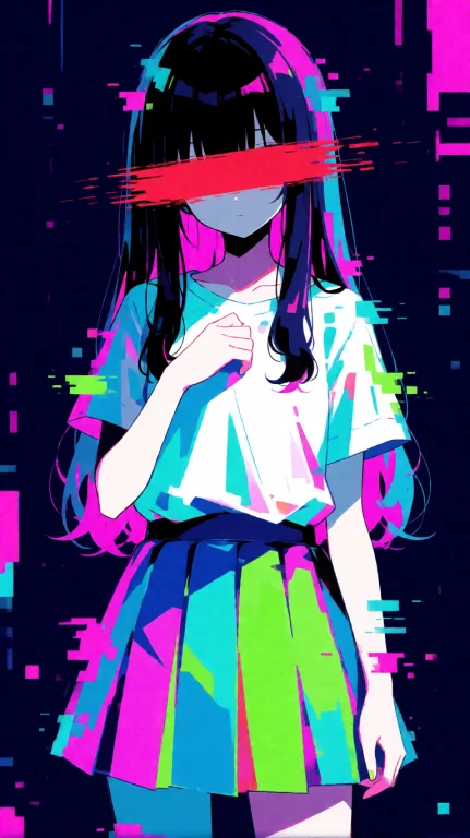 A Girl With Long Dark Hair Stands In A Dimly Lit, Glitchy Di...