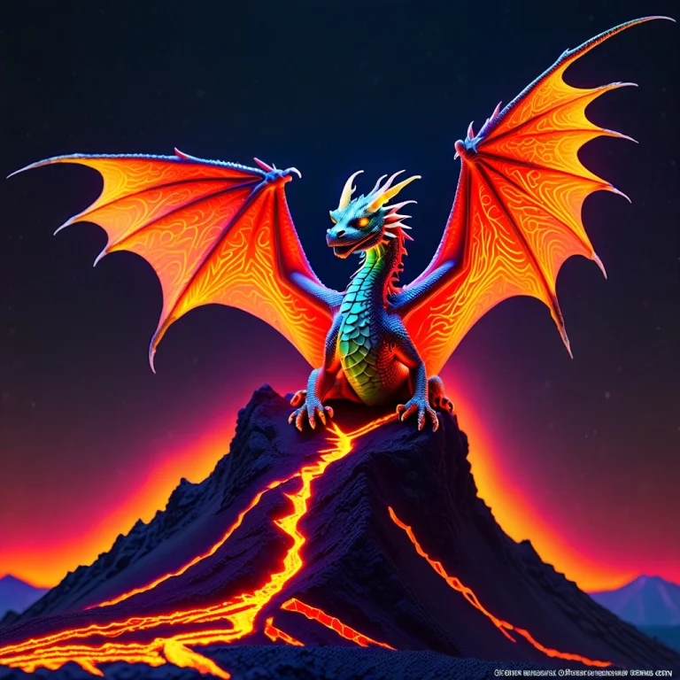 A Fearsome Dragon Coiled On A Volcanic Peak, Its Scales Intr...