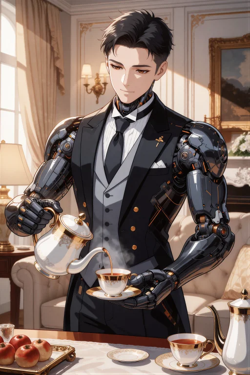 An Anime Style Illustration Of A Male Butler Android With Po...