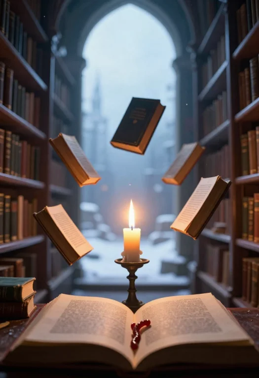 A Mages Library Where Books Drift In Midair, Candlelight, Wo...