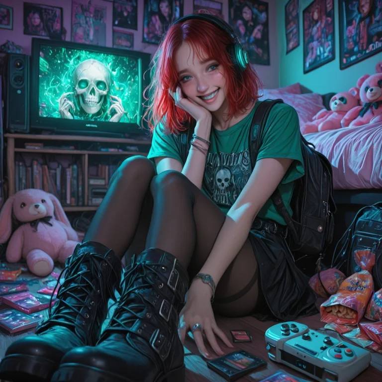 A Cheerful, Funny, Slim Adult Red-haired Goth Girl Sitting C...