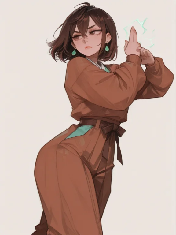 , Lazypos, 1girl, Ayasemomo, Oval Earrings, Brown Hair, Brow...