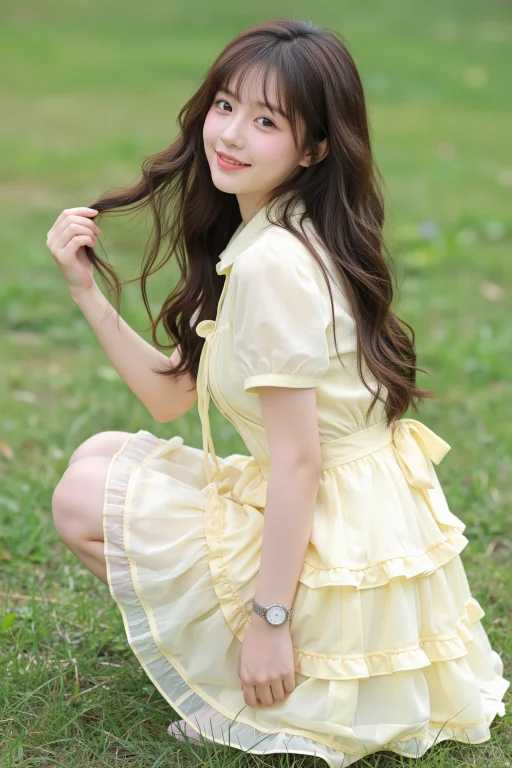 写实人像摄影，半身全身兼顾，甜美少女，深棕色大波浪长卷发，温...