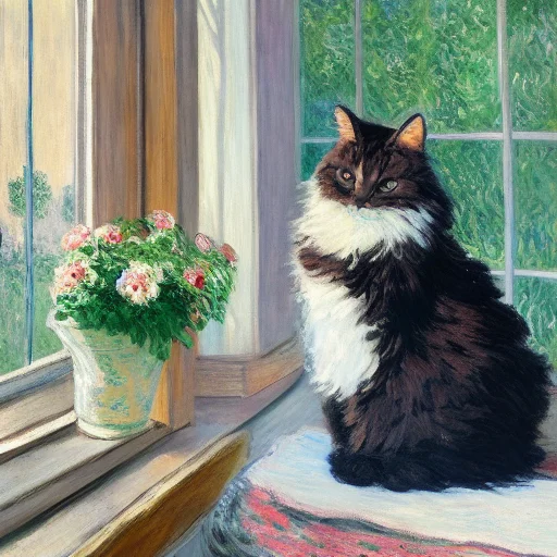 A Fluffy Cat Sitting By A Sunlit Window, Flowers On The Wind...