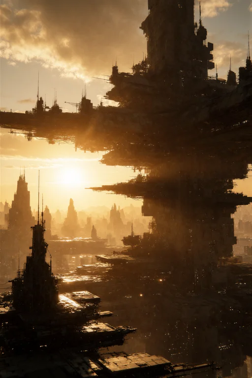 A Dramatic Silhouette Shot Of A Colossal Sci-fi City Structu...