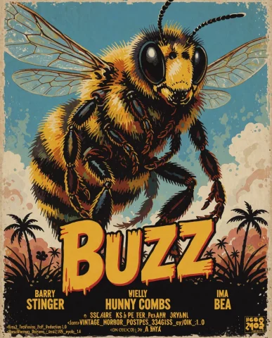 Vintage Movie Poster Featuring A Giant Anthro Bumblebee Huma... — Stable Diffusion AI Prompt: Vintage movie poster featuring a giant anthro bumblebee humanoid. The title in b...