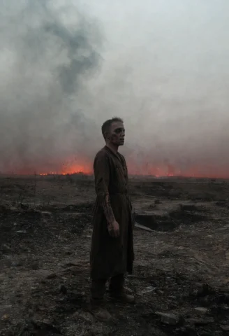 She Stands At The Edge Of The Ruin, Shoulders Heavy, Eyes Ho... — Stable Diffusion AI Prompt: sHe stands at the edge of the ruin, shoulders heavy, eyes hollow. Smoke curls up...