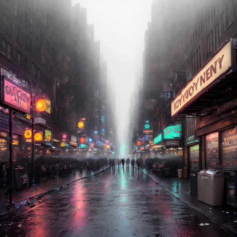 New York City Alleyway, Dim Overhead Lamps, Foggy Night, Gri...