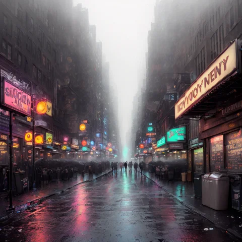 New York City Alleyway, Dim Overhead Lamps, Foggy Night, Gri... — Stable Diffusion AI Prompt: New York City Alleyway, dim overhead lamps, foggy night, grimy city, empty of pe...