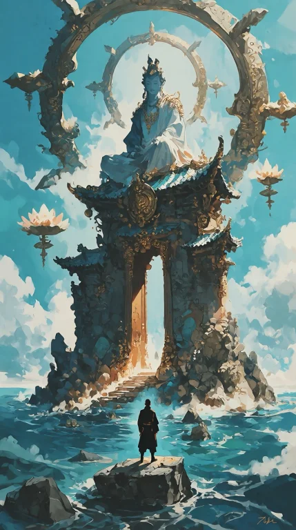 A Colossal Divine Temple Rises From An Endless Turquoise Clo...
