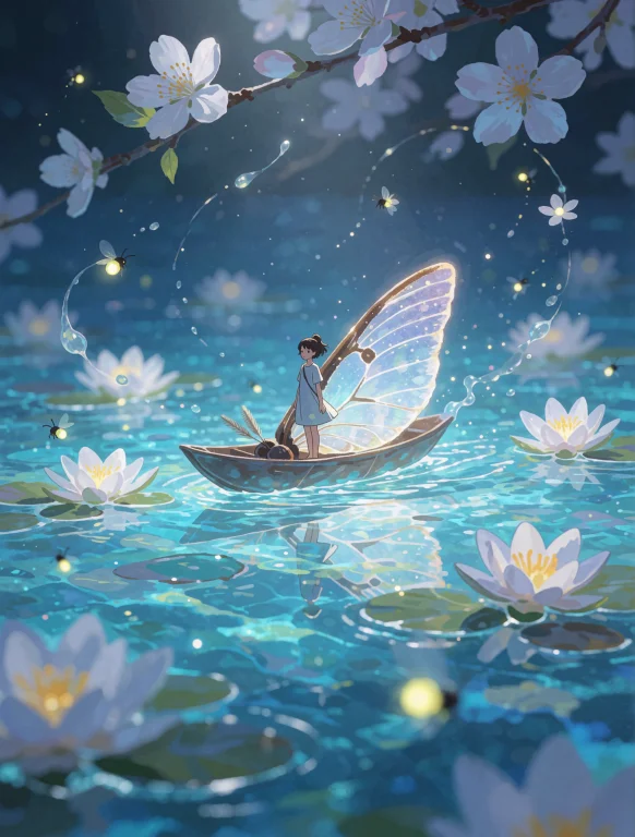A Girl Standing In A Small Boat Shaped From A Single Luminou...