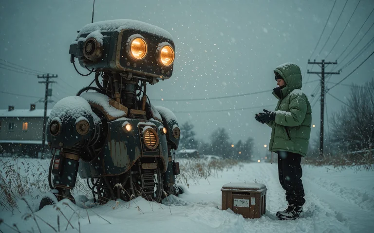 This Is A The Image Features A Humanoid Robot Standing On Th...
