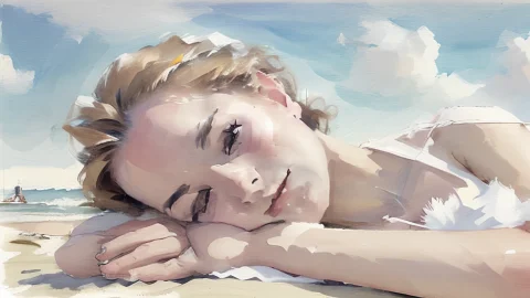 Loracolorwaterv11.0 A Beautiful Young Slim Woman Laying On A... — Stable Diffusion AI Prompt: a beautiful young slim woman laying on a beach, watching the clouds, white dres...