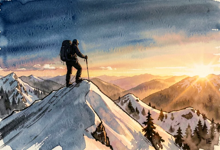 A Mountaineer Silhouetted On A Snowy Ridge, Ink Wash Paintin...
