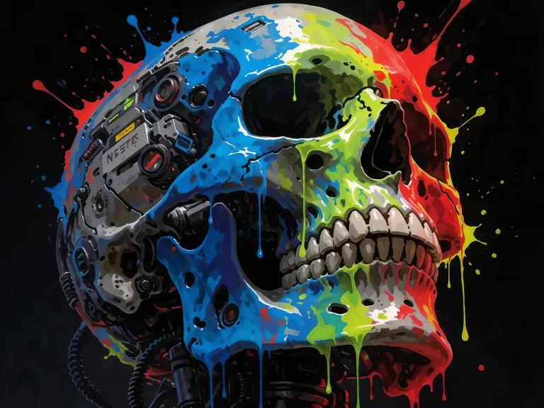 Cyberpunk Skull With Colorful Paint Splatters Mechanical Par...