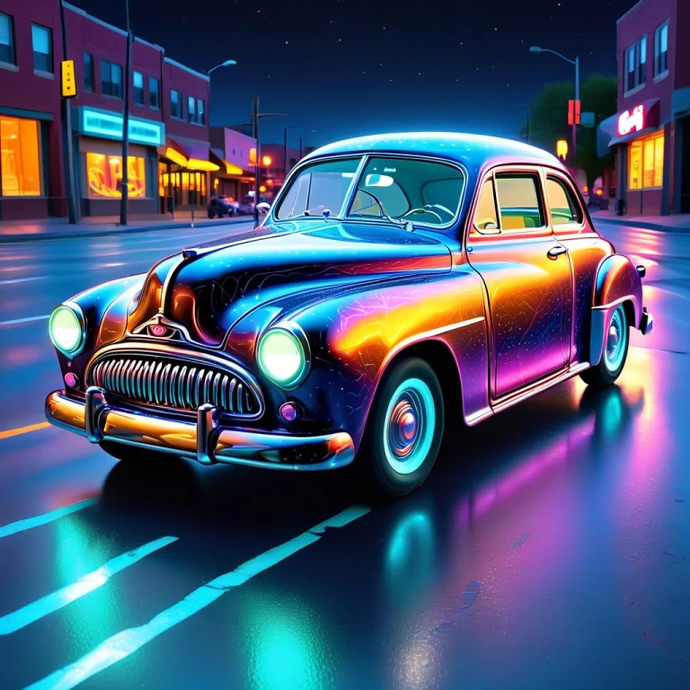 A Lone Vintage 1950s Hotrod Is Driving Through A Street Scen...