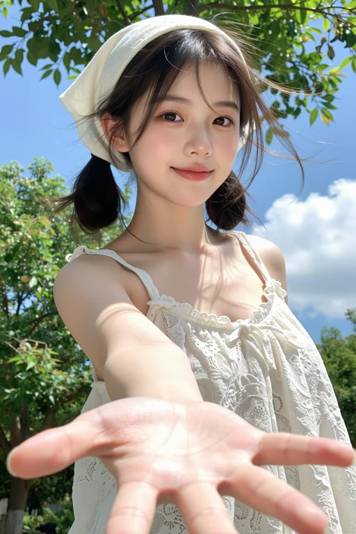 低角度户外自拍，年轻东亚甜妹，黑色低马尾，头戴米白色三角头巾...