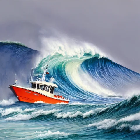 A Fishing Boat On A Giant Wave During A Storm On The Ocean S... — Stable Diffusion AI Prompt: a Fishing boat on a giant wave during a storm on the ocean SCG768-illustrate