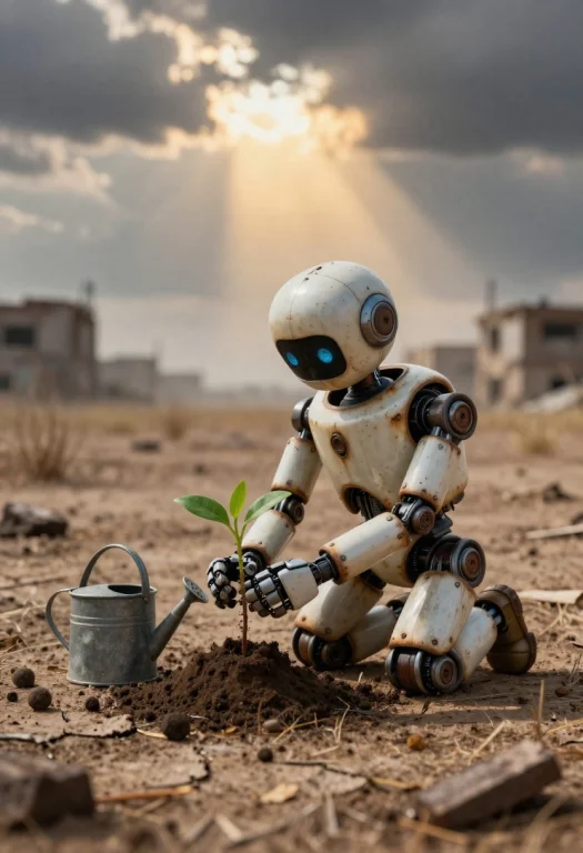A Small Weathered Humanoid Robot Kneels Alone In A Vast Dry...